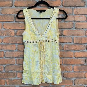 Express Design Studio Paisley Tank Top Womens Size XS Yellow Studded V-Neck Silk